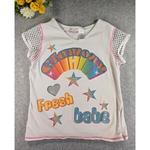 Y2K No Boundaries Girls Classic Graphic Tee Rainbow Glitter Fishnet Tshirt